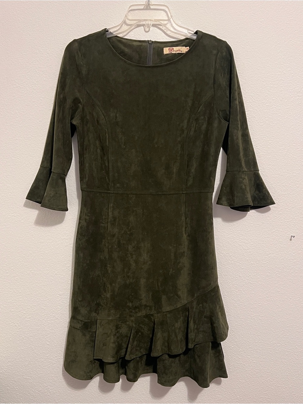 Olive Green Faux Suede Ruffle Hem Dress - Aryeh